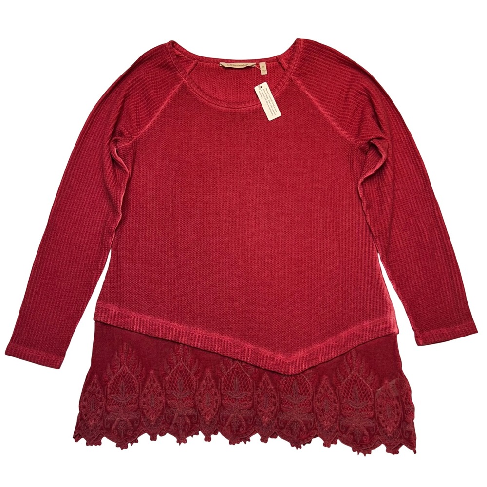 Soft Surroundings Crimson Boho Cottagecore Waffle Knit Lace Hem Tunic Top Size M